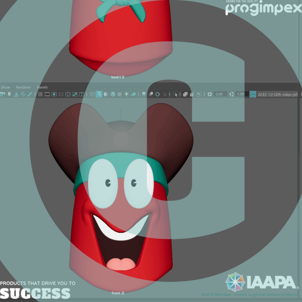 3D cartoon character with a wide smile and teal goggles inside a 3D modeling software interface; IAAPA watermark visible.