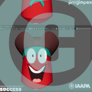 3D cartoon character with a wide smile and teal goggles inside a 3D modeling software interface; IAAPA watermark visible.