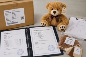 Brown plush teddy bear with a demo tag sits beside a cardboard shipping box and QA certificates on a table, plus fabric swatches and a labeled sample bag nearby.