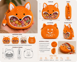 Orange fox-shaped plush candy pouch with a transparent candy-filled mouth, shown from multiple angles in a product infographic.