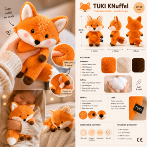 Orange fluffy fox stuffed toy being held and hugged, with an informational product panel visible on the right side.