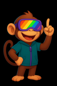 Cartoon monkey wearing rainbow-tinted goggles and a teal zip-up hoodie, smiling and pointing upward.